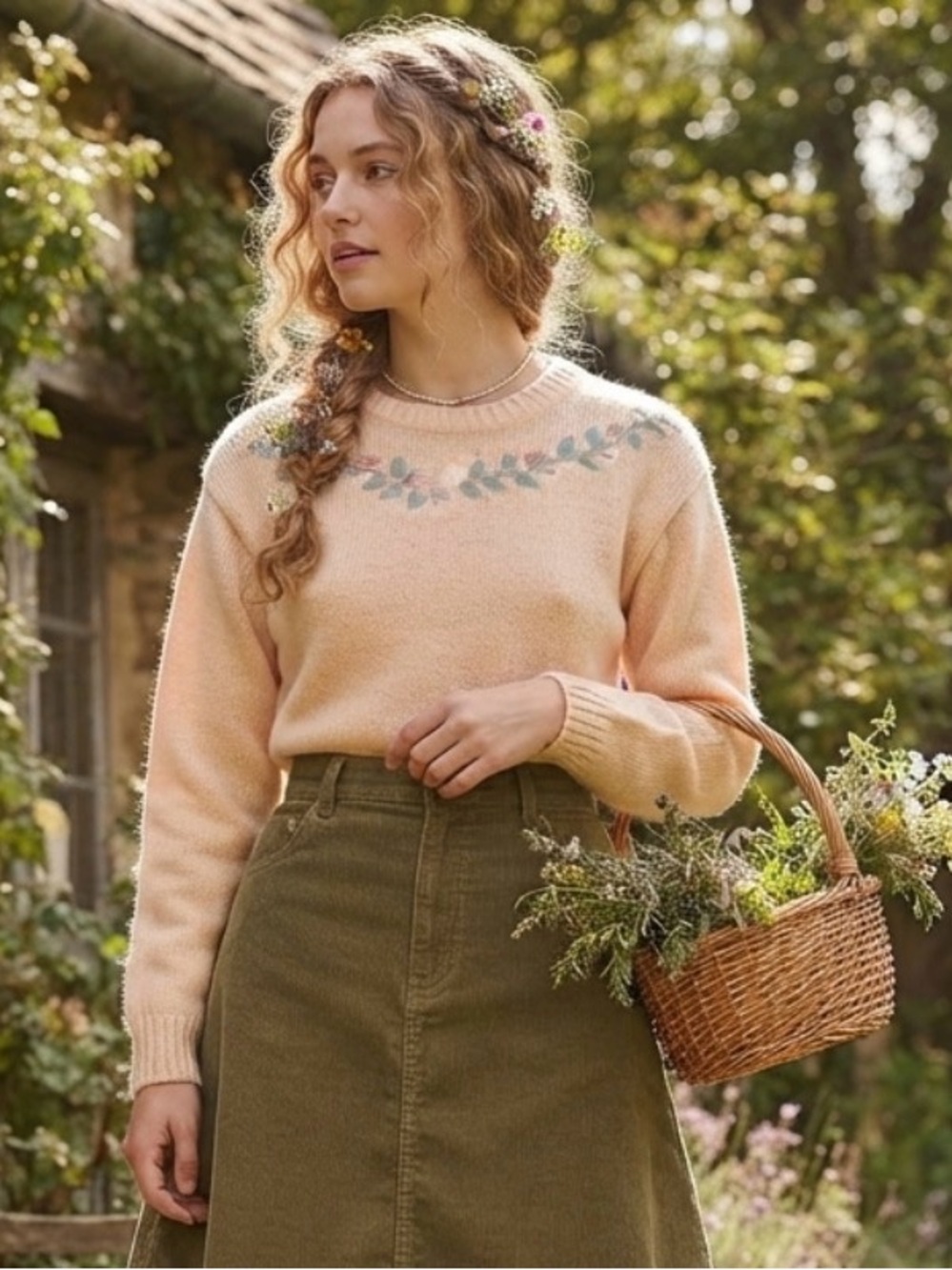 Vintage Liz Sport 100% Shetland Wool Floral Embroidered Sweater SZ S